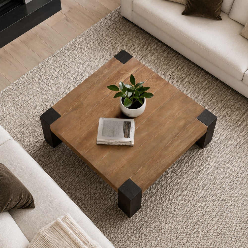 Kisa 44 Inch Square Coffee Table, Sandblasted Block Legs, Coffee Brown Mango Wood - UPT-352585