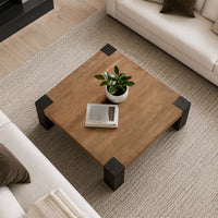 Kisa 44 Inch Square Coffee Table, Sandblasted Block Legs, Coffee Brown Mango Wood - UPT-352585