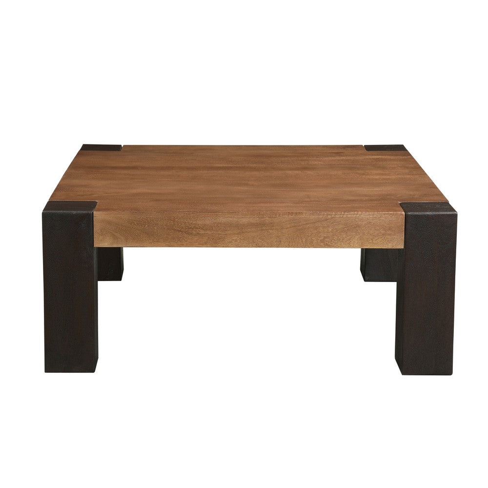 Kisa 44 Inch Square Coffee Table, Sandblasted Block Legs, Coffee Brown Mango Wood - UPT-352585