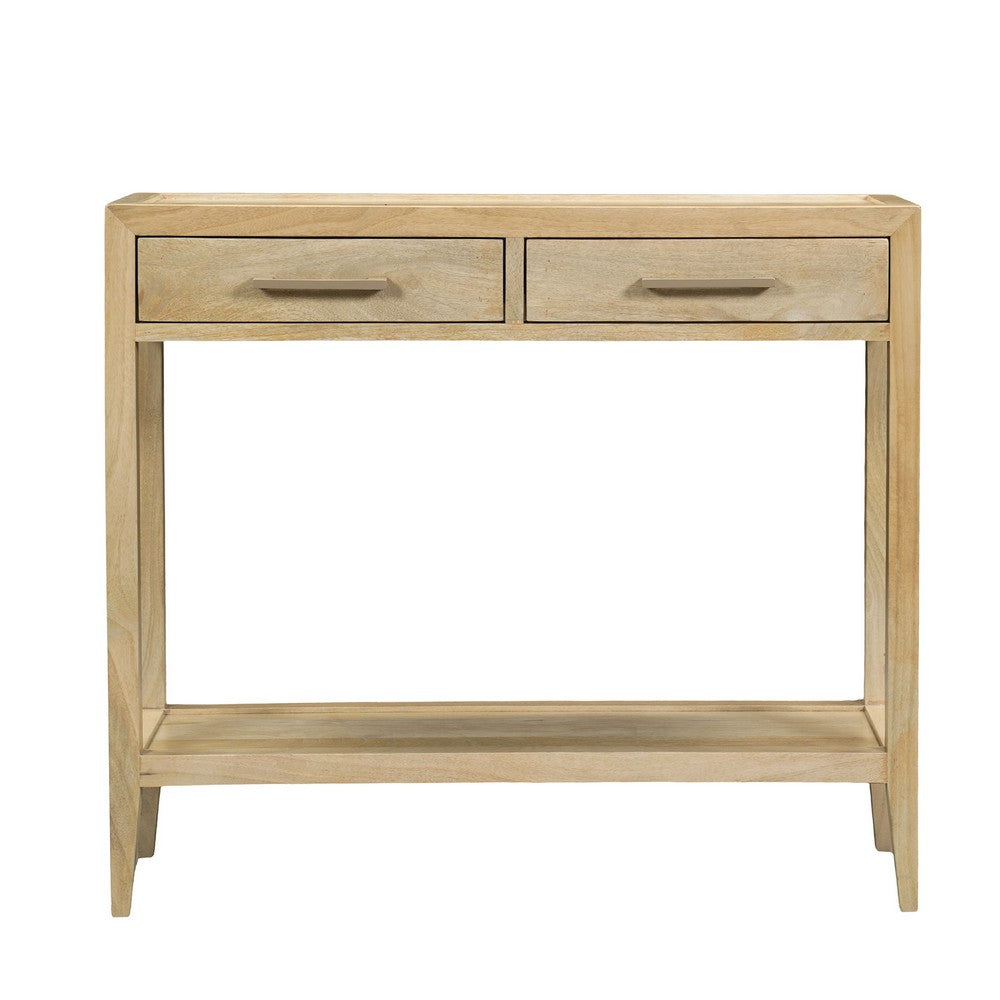 Unya 36 Inch Sofa Console Table with Shelf, 2 Drawers, Natural Brown Mango Wood, Organic Decor - UPT-352586