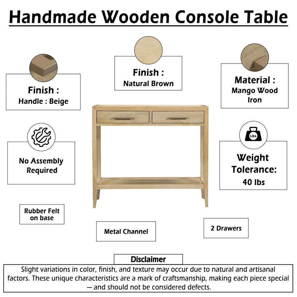 Unya 36 Inch Sofa Console Table with Shelf, 2 Drawers, Natural Brown Mango Wood, Organic Decor - UPT-352586