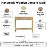 Unya 36 Inch Sofa Console Table with Shelf, 2 Drawers, Natural Brown Mango Wood, Organic Decor - UPT-352586