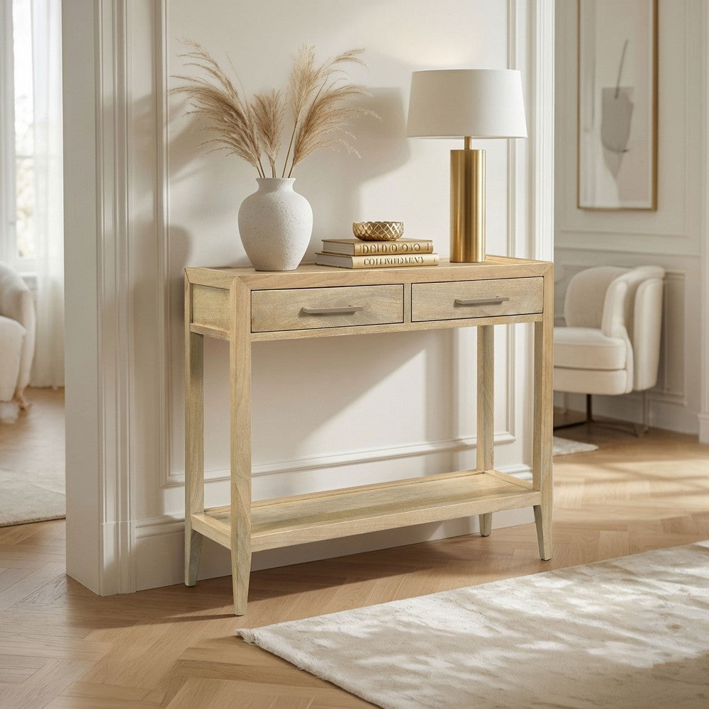 Unya 36 Inch Sofa Console Table with Shelf, 2 Drawers, Natural Brown Mango Wood, Organic Decor - UPT-352586