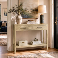 Unya 36 Inch Sofa Console Table with Shelf, 2 Drawers, Natural Brown Mango Wood, Organic Decor - UPT-352586