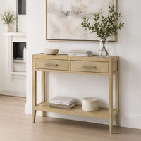 Unya 36 Inch Sofa Console Table with Shelf, 2 Drawers, Natural Brown Mango Wood, Organic Decor - UPT-352586