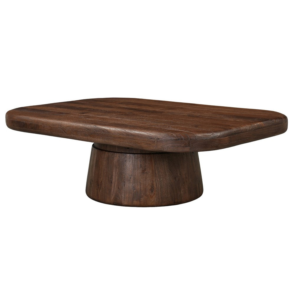 Lori 45 Inch Coffee Table, Drum Pedestal Base, Sandblasted Dark Walnut Brown Finish, Acacia Wood - UPT-352588