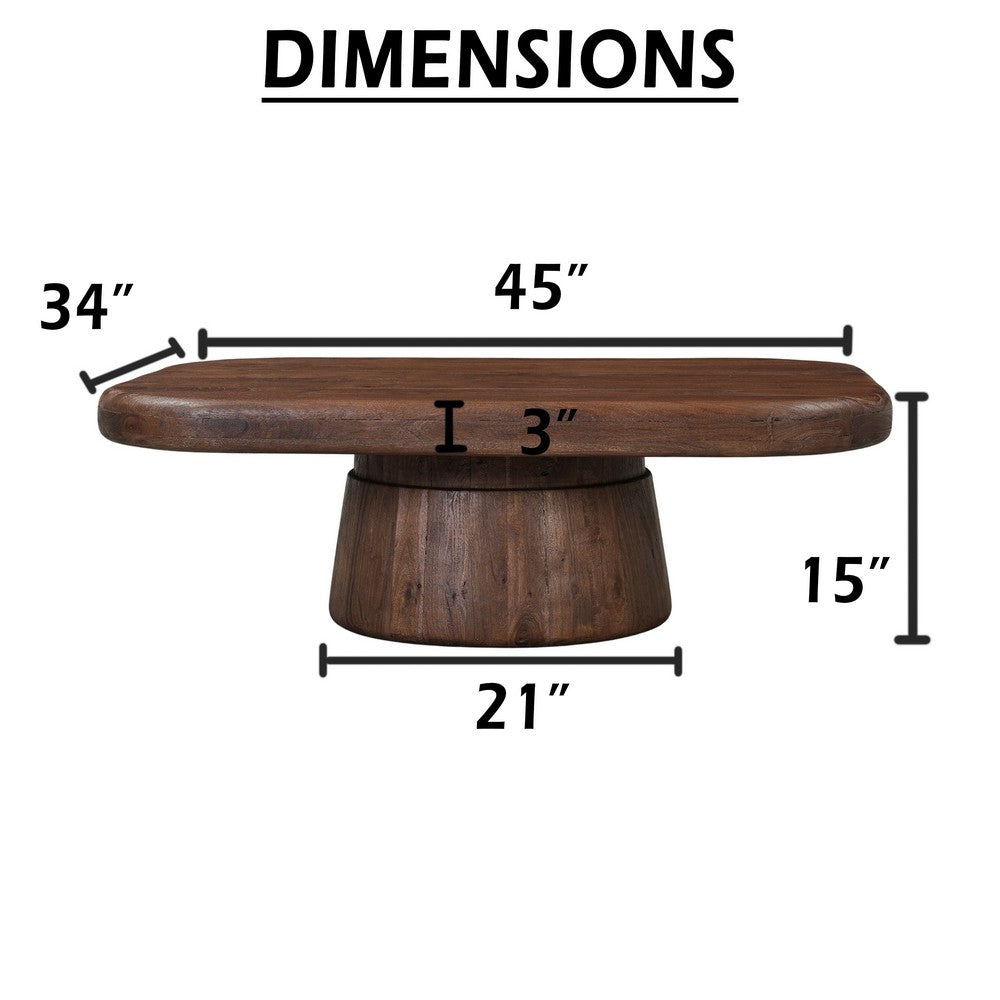 Lori 45 Inch Coffee Table, Drum Pedestal Base, Sandblasted Dark Walnut Brown Finish, Acacia Wood - UPT-352588