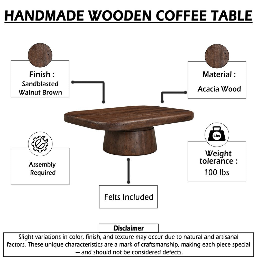 Lori 45 Inch Coffee Table, Drum Pedestal Base, Sandblasted Dark Walnut Brown Finish, Acacia Wood - UPT-352588