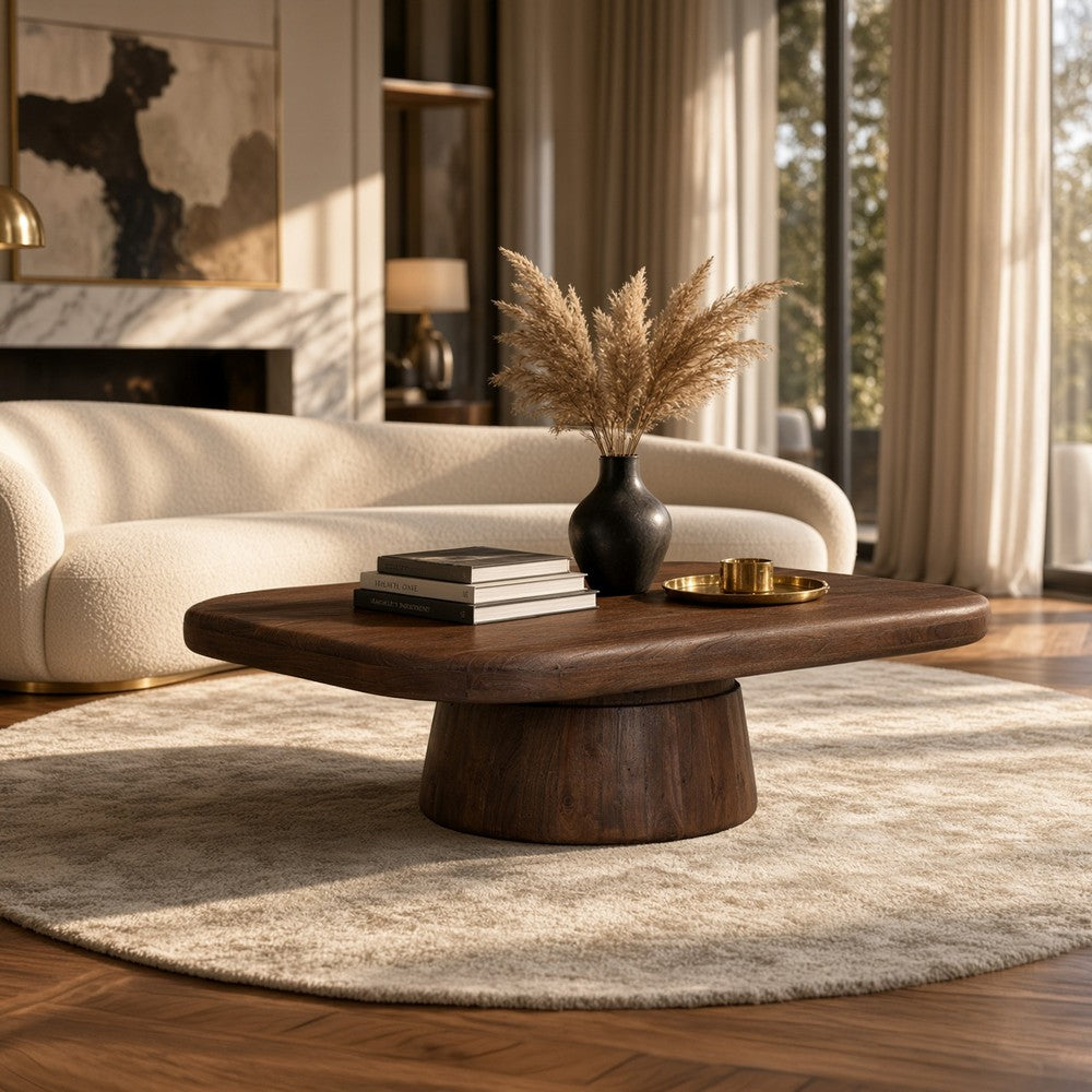 Lori 45 Inch Coffee Table, Drum Pedestal Base, Sandblasted Dark Walnut Brown Finish, Acacia Wood - UPT-352588
