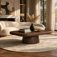 Lori 45 Inch Coffee Table, Drum Pedestal Base, Sandblasted Dark Walnut Brown Finish, Acacia Wood - UPT-352588