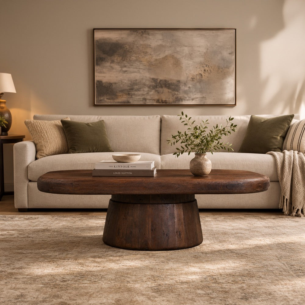 Lori 45 Inch Coffee Table, Drum Pedestal Base, Sandblasted Dark Walnut Brown Finish, Acacia Wood - UPT-352588