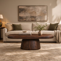 Lori 45 Inch Coffee Table, Drum Pedestal Base, Sandblasted Dark Walnut Brown Finish, Acacia Wood - UPT-352588