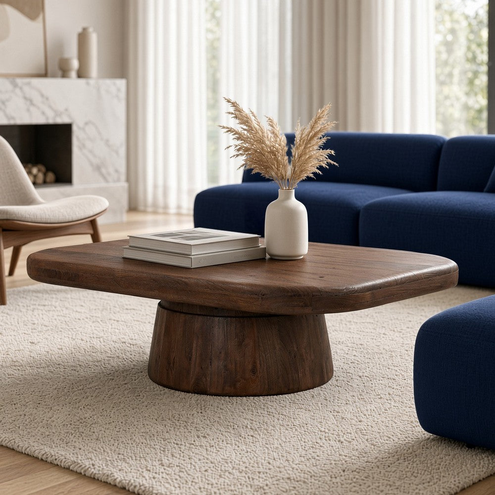 Lori 45 Inch Coffee Table, Drum Pedestal Base, Sandblasted Dark Walnut Brown Finish, Acacia Wood - UPT-352588