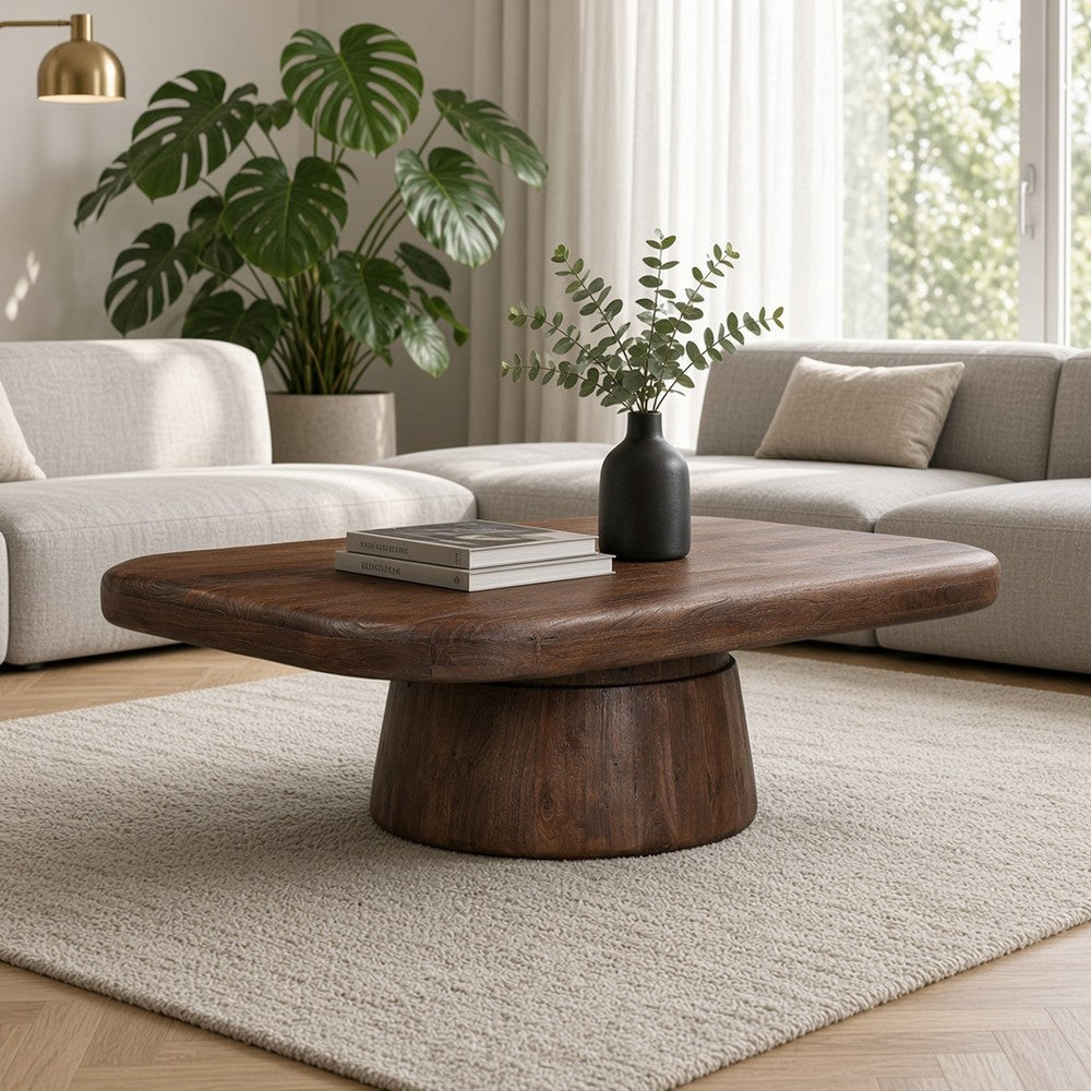 Lori 45 Inch Coffee Table, Drum Pedestal Base, Sandblasted Dark Walnut Brown Finish, Acacia Wood - UPT-352588