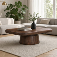 Lori 45 Inch Coffee Table, Drum Pedestal Base, Sandblasted Dark Walnut Brown Finish, Acacia Wood - UPT-352588