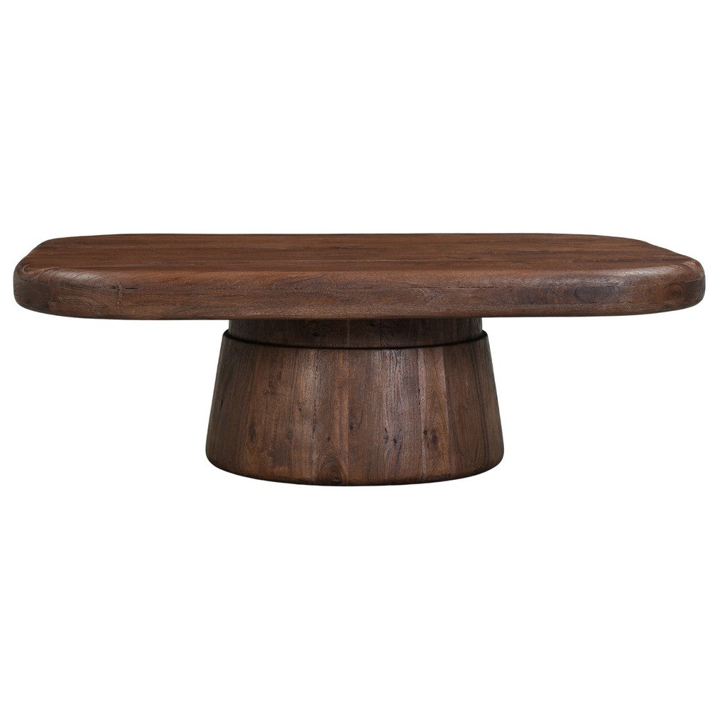Lori 45 Inch Coffee Table, Drum Pedestal Base, Sandblasted Dark Walnut Brown Finish, Acacia Wood - UPT-352588