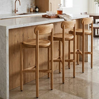 Maona Bar Stool Chair with Round Seat, Curved Open Back, Natural Brown Mango Wood - UPT-352589