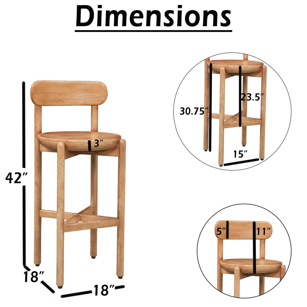Maona Bar Stool Chair with Round Seat, Curved Open Back, Natural Brown Mango Wood - UPT-352589