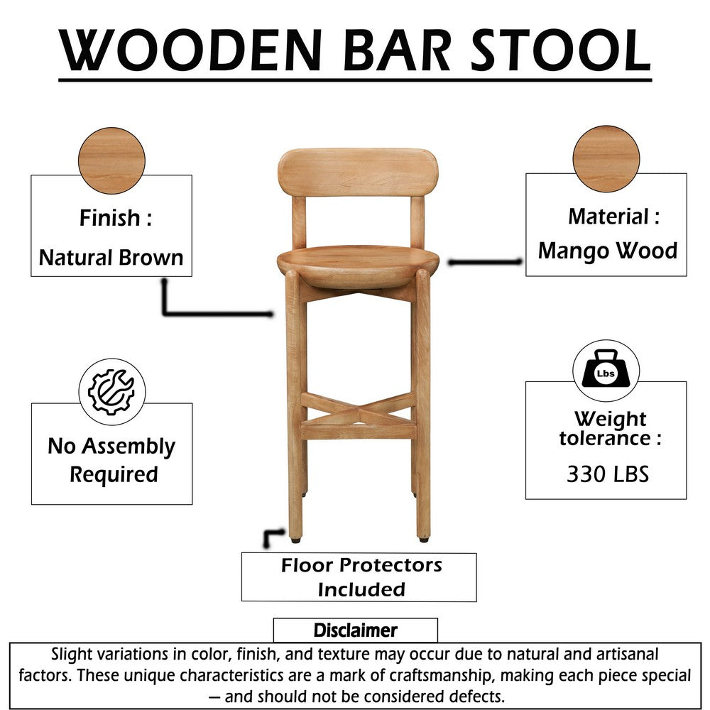 Maona Bar Stool Chair with Round Seat, Curved Open Back, Natural Brown Mango Wood - UPT-352589