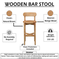 Maona Bar Stool Chair with Round Seat, Curved Open Back, Natural Brown Mango Wood - UPT-352589