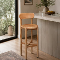 Maona Bar Stool Chair with Round Seat, Curved Open Back, Natural Brown Mango Wood - UPT-352589