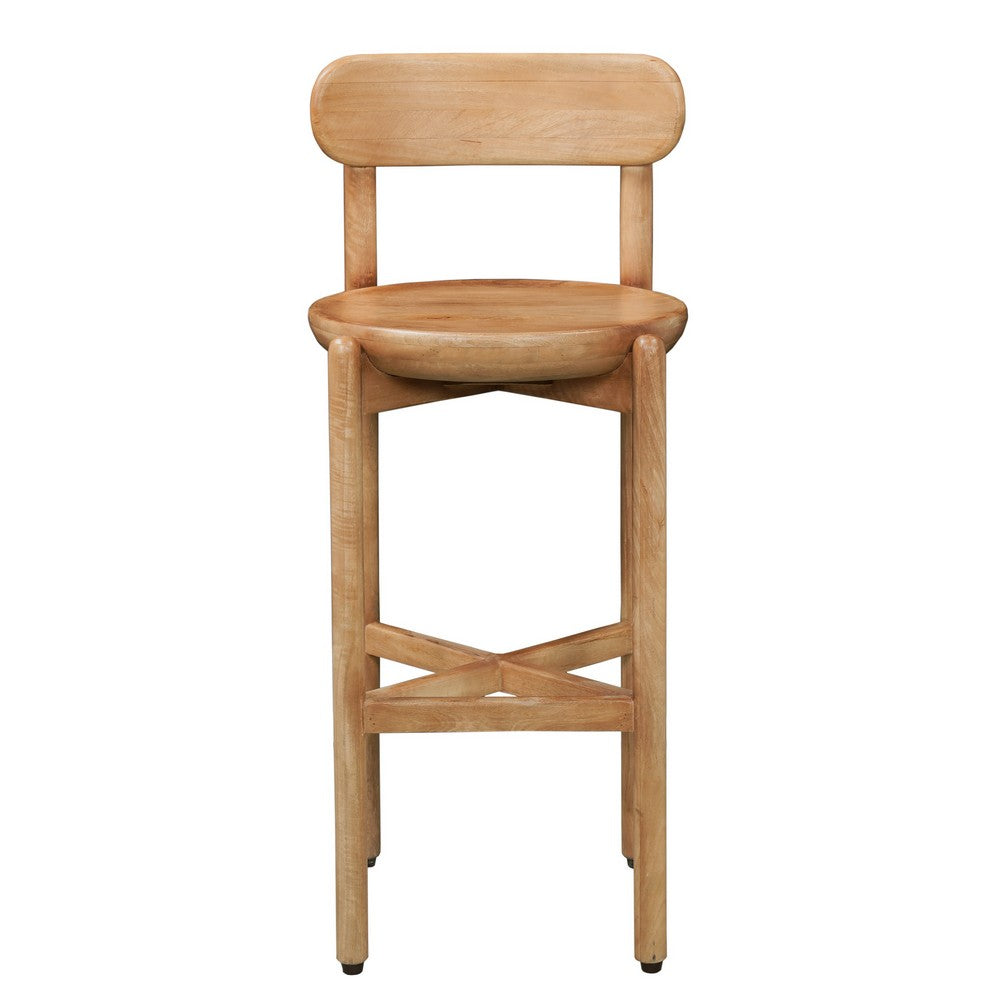 Maona Bar Stool Chair with Round Seat, Curved Open Back, Natural Brown Mango Wood - UPT-352589