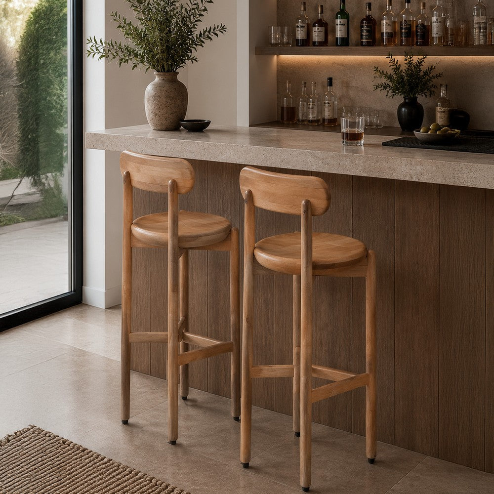 Maona Bar Stool Chair with Round Seat, Curved Open Back, Natural Brown Mango Wood - UPT-352589