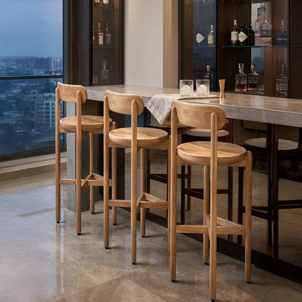 Maona Bar Stool Chair with Round Seat, Curved Open Back, Natural Brown Mango Wood - UPT-352589