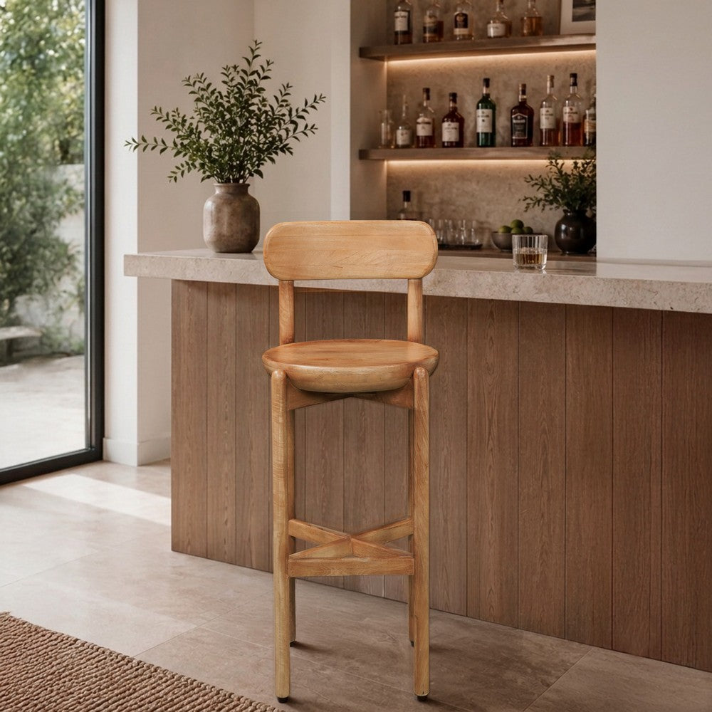 Maona Bar Stool Chair with Round Seat, Curved Open Back, Natural Brown Mango Wood - UPT-352589