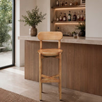 Maona Bar Stool Chair with Round Seat, Curved Open Back, Natural Brown Mango Wood - UPT-352589