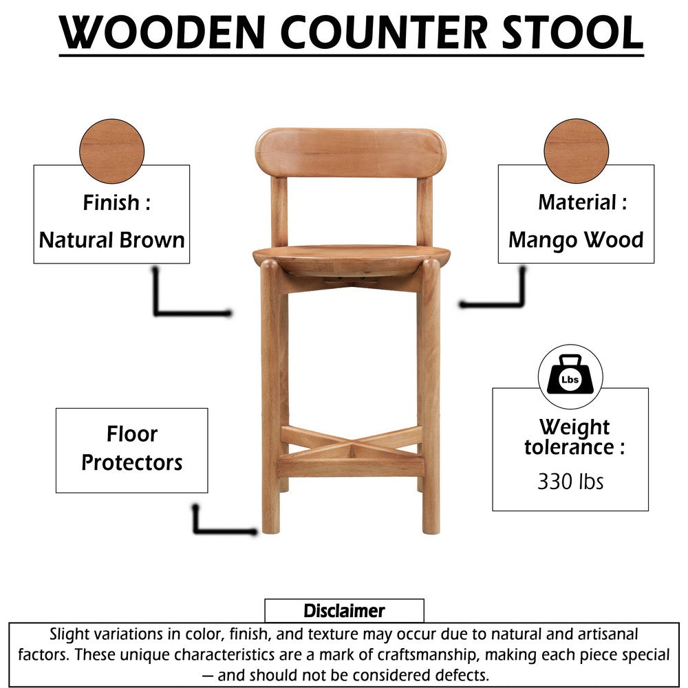 Maona Counter Stool Chair with Round Seat, Curved Open Back, Natural Brown Mango Wood - UPT-352590