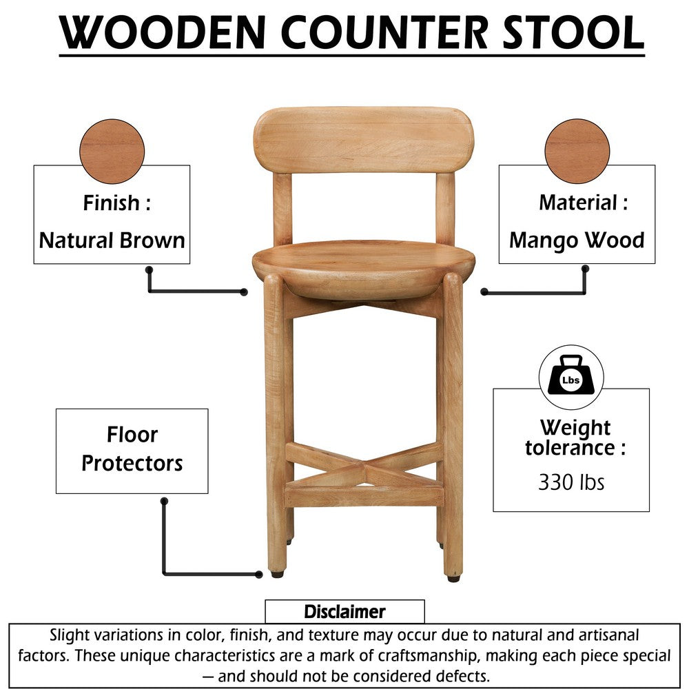 Maona Counter Stool Chair with Round Seat, Curved Open Back, Natural Brown Mango Wood - UPT-352590