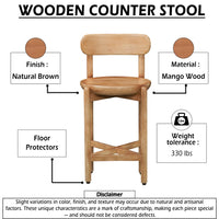 Maona Counter Stool Chair with Round Seat, Curved Open Back, Natural Brown Mango Wood - UPT-352590
