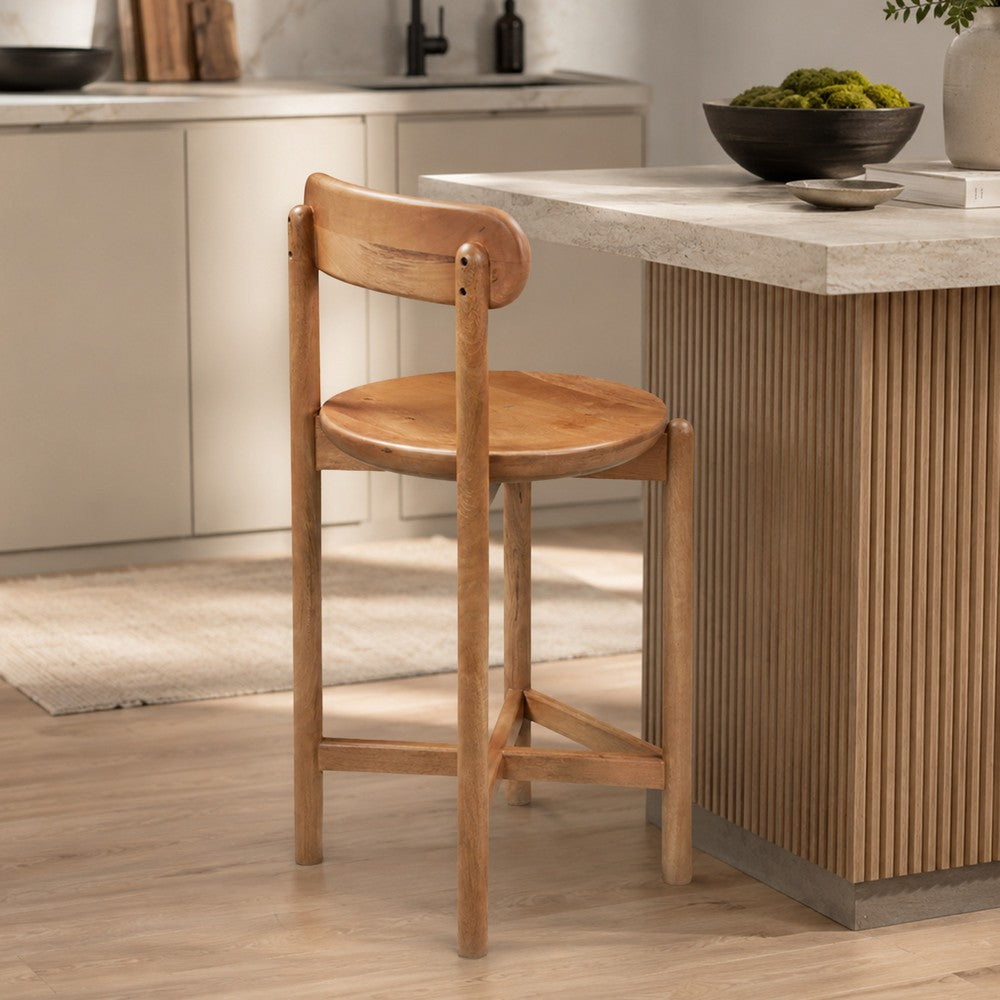 Maona Counter Stool Chair with Round Seat, Curved Open Back, Natural Brown Mango Wood - UPT-352590
