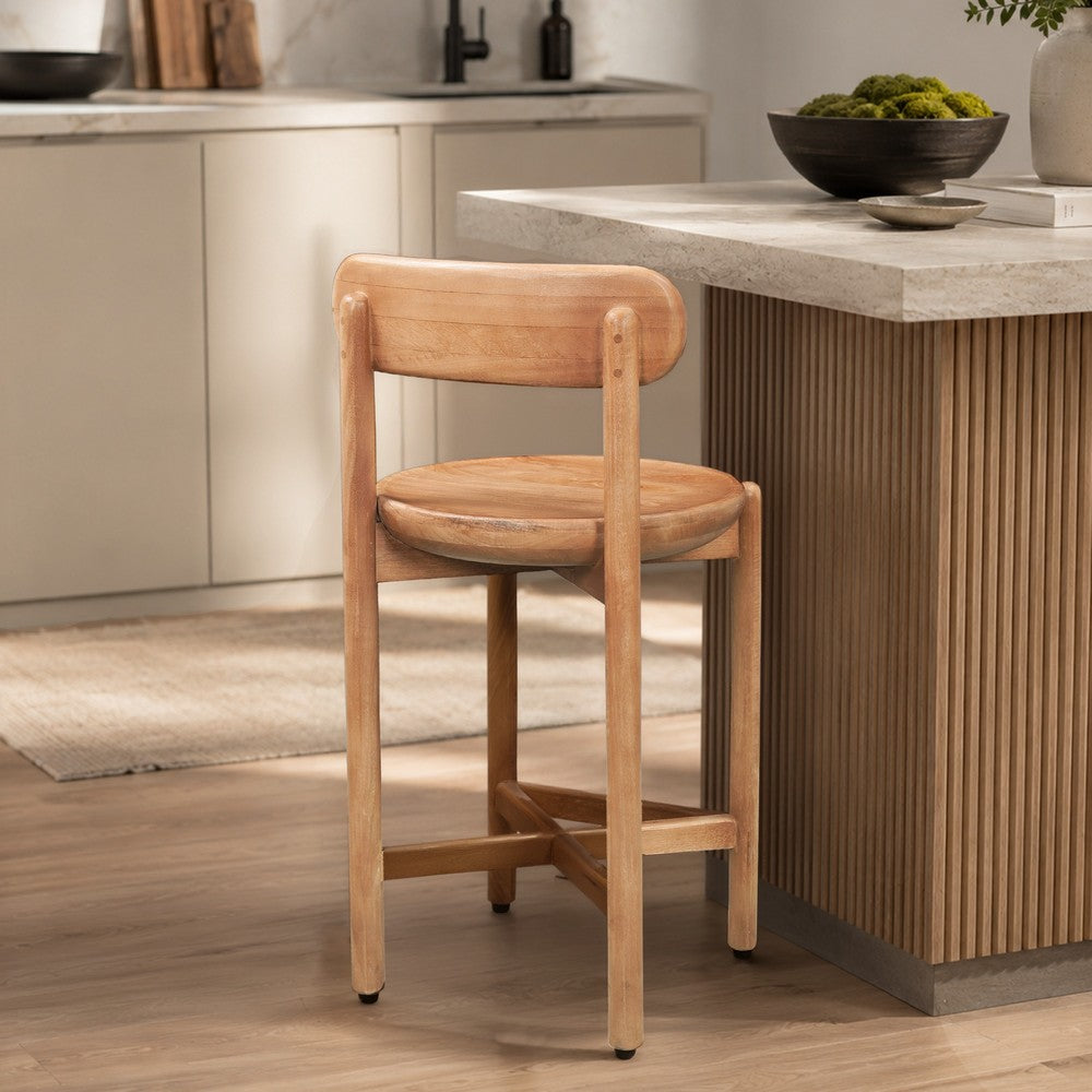 Maona Counter Stool Chair with Round Seat, Curved Open Back, Natural Brown Mango Wood - UPT-352590