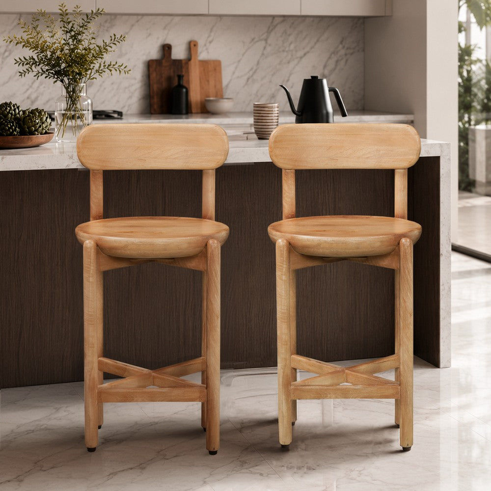 Maona Counter Stool Chair with Round Seat, Curved Open Back, Natural Brown Mango Wood - UPT-352590