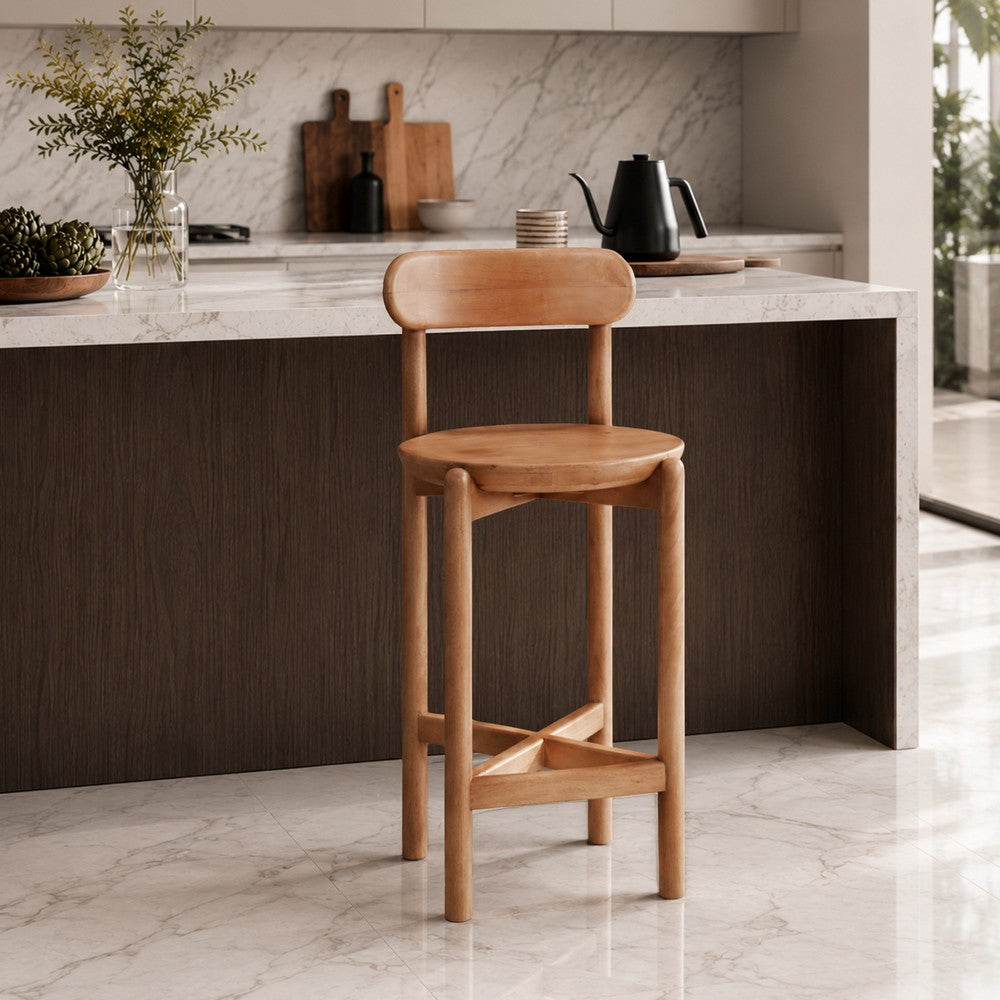 Maona Counter Stool Chair with Round Seat, Curved Open Back, Natural Brown Mango Wood - UPT-352590
