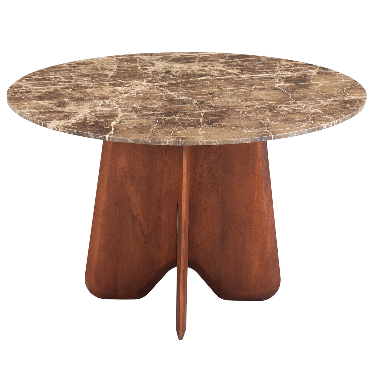 Zena 47 Inch Round Dining Table, Spanish Emperador Marble Top, Brown Mango Wood Cross Legs - UPT-352591