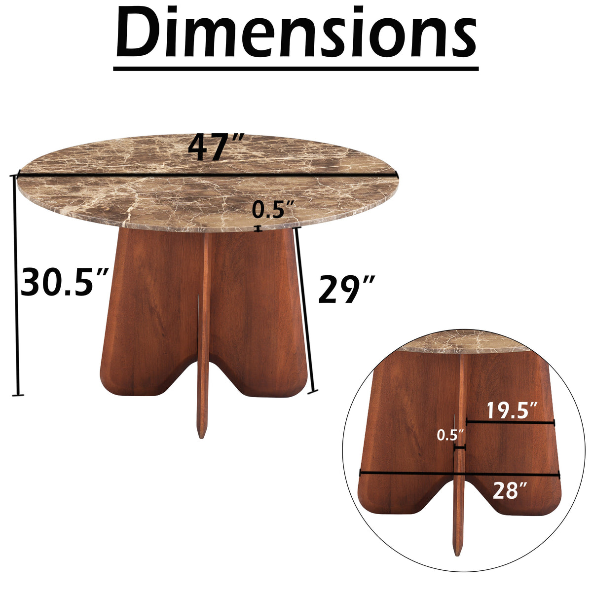 Zena 47 Inch Round Dining Table, Spanish Emperador Marble Top, Brown Mango Wood Cross Legs - UPT-352591