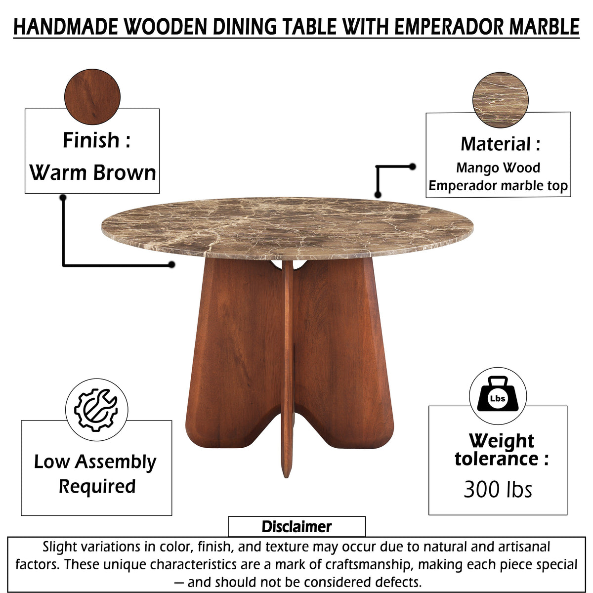 Zena 47 Inch Round Dining Table, Spanish Emperador Marble Top, Brown Mango Wood Cross Legs - UPT-352591
