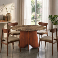 Zena 47 Inch Round Dining Table, Spanish Emperador Marble Top, Brown Mango Wood Cross Legs - UPT-352591