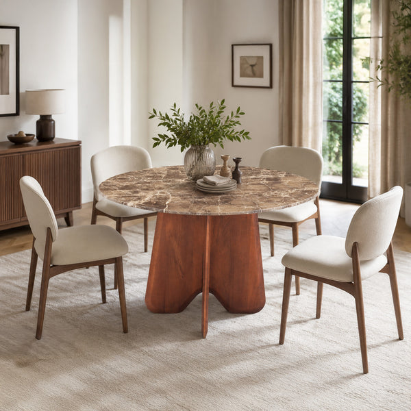 Zena 47 Inch Round Dining Table, Spanish Emperador Marble Top, Brown Mango Wood Cross Legs - UPT-352591