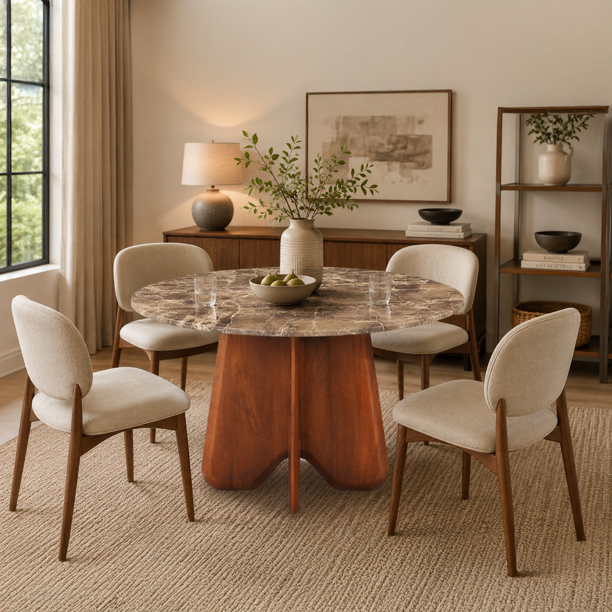 Zena 47 Inch Round Dining Table, Spanish Emperador Marble Top, Brown Mango Wood Cross Legs - UPT-352591
