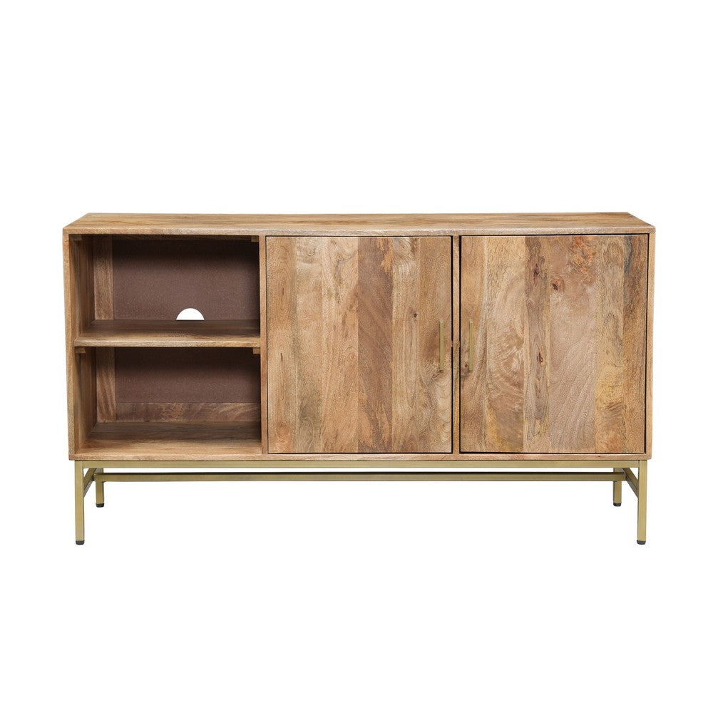 Lysa 50 Inch Sideboard Buffet Cabinet with Open Shelves, Gold Iron Base, Natural Brown Mango Wood - UPT-352592