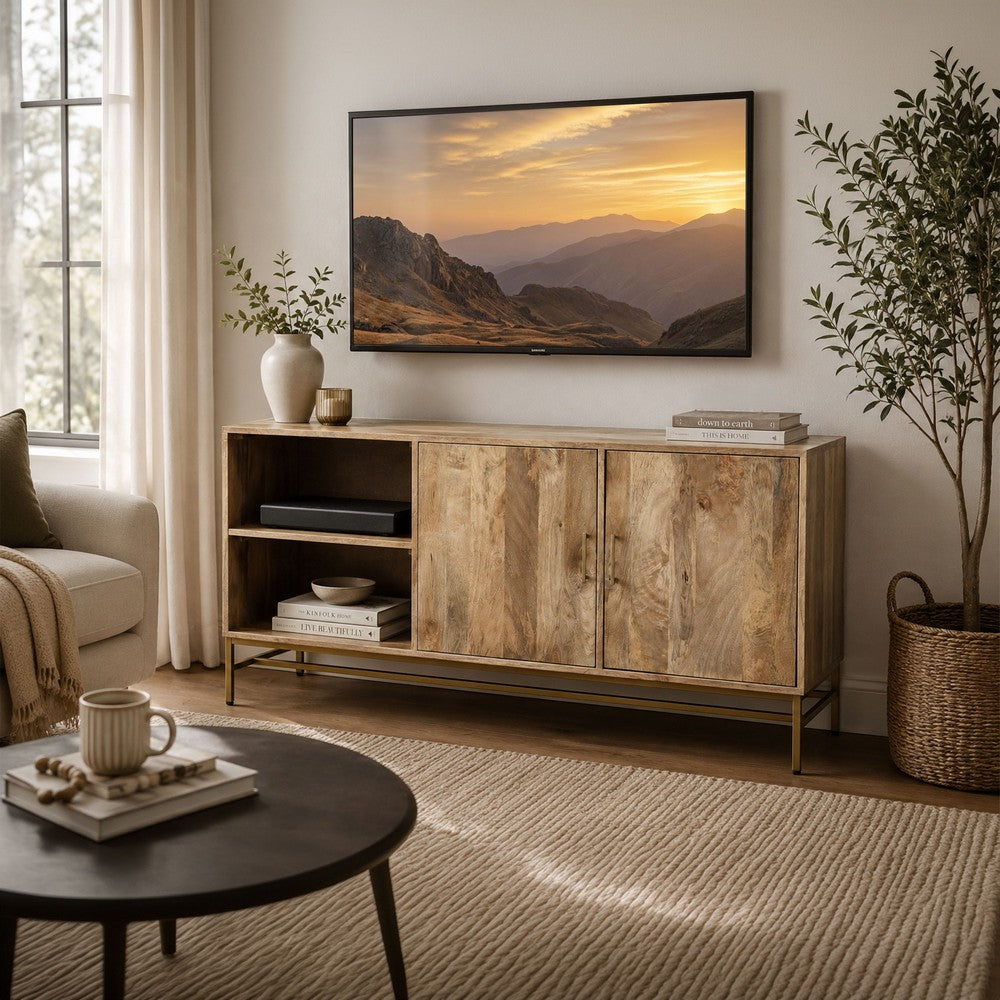 Lysa 50 Inch Sideboard Buffet Cabinet with Open Shelves, Gold Iron Base, Natural Brown Mango Wood - UPT-352592