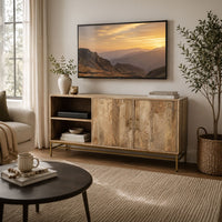 Lysa 50 Inch Sideboard Buffet Cabinet with Open Shelves, Gold Iron Base, Natural Brown Mango Wood - UPT-352592