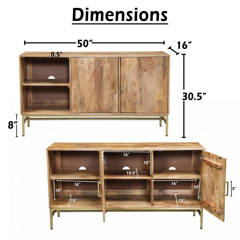 Lysa 50 Inch Sideboard Buffet Cabinet with Open Shelves, Gold Iron Base, Natural Brown Mango Wood - UPT-352592