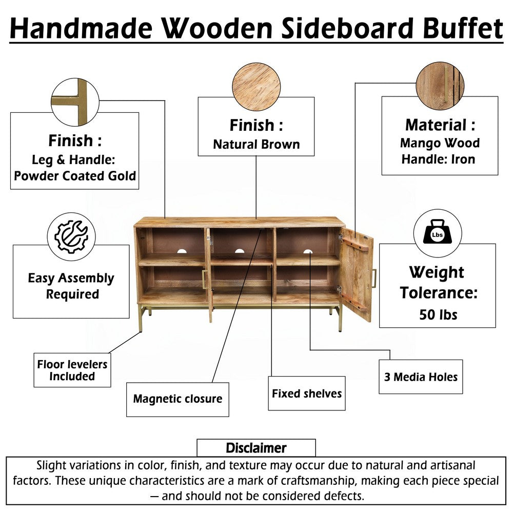 Lysa 50 Inch Sideboard Buffet Cabinet with Open Shelves, Gold Iron Base, Natural Brown Mango Wood - UPT-352592