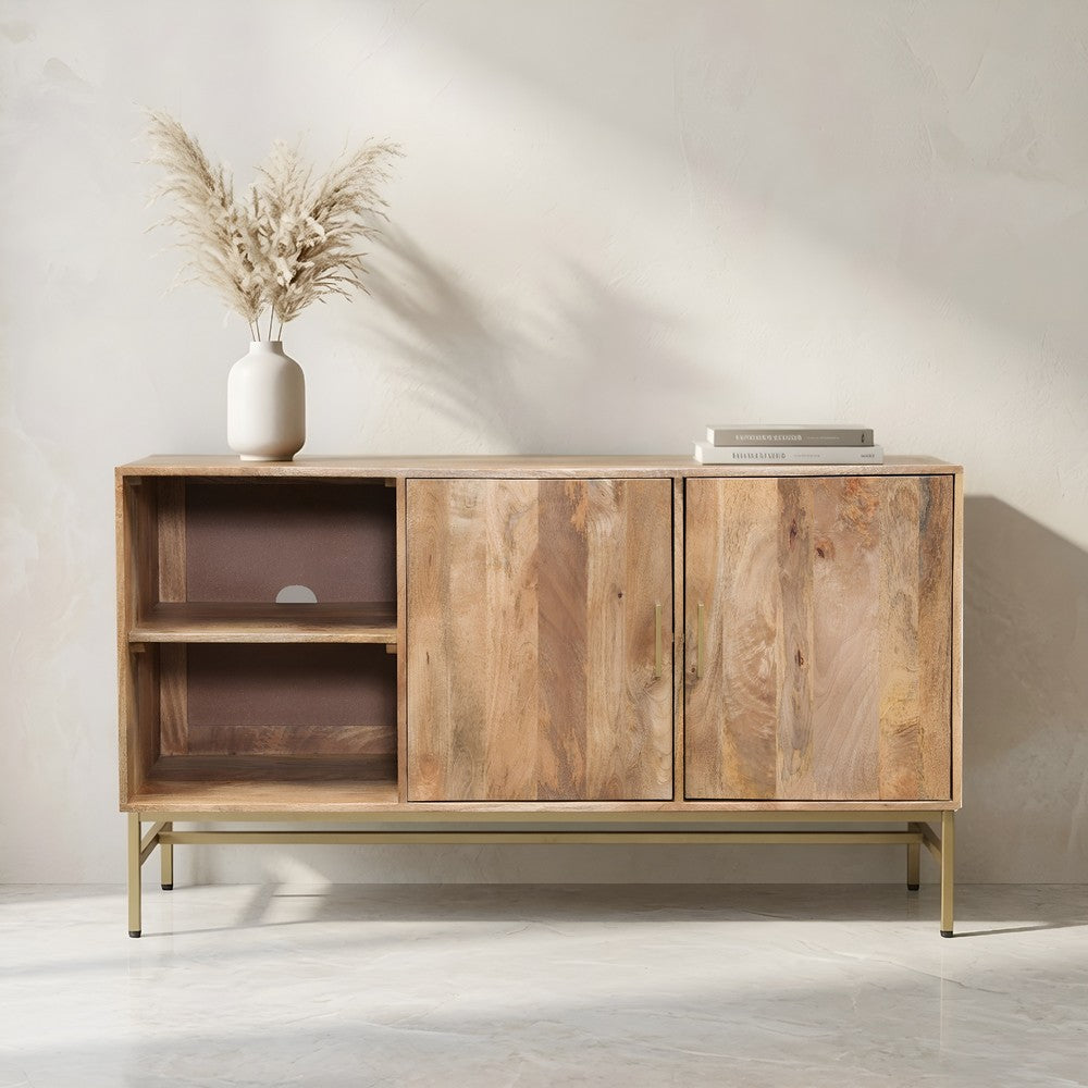 Lysa 50 Inch Sideboard Buffet Cabinet with Open Shelves, Gold Iron Base, Natural Brown Mango Wood - UPT-352592