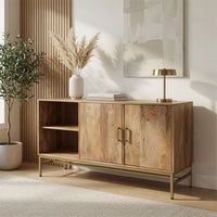 Lysa 50 Inch Sideboard Buffet Cabinet with Open Shelves, Gold Iron Base, Natural Brown Mango Wood - UPT-352592
